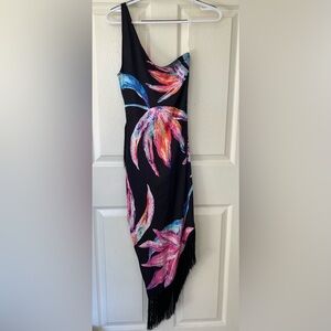 Rocco Sand One Shoulder Asymmetrical Fringe Dress Black Floral Cocktail Boho